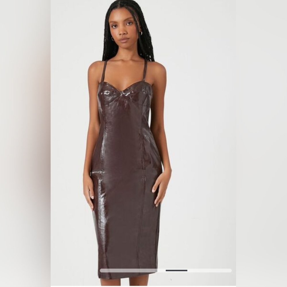 NWT: Gorgeous Vegan Leather Chocolate Brown Midi Dress